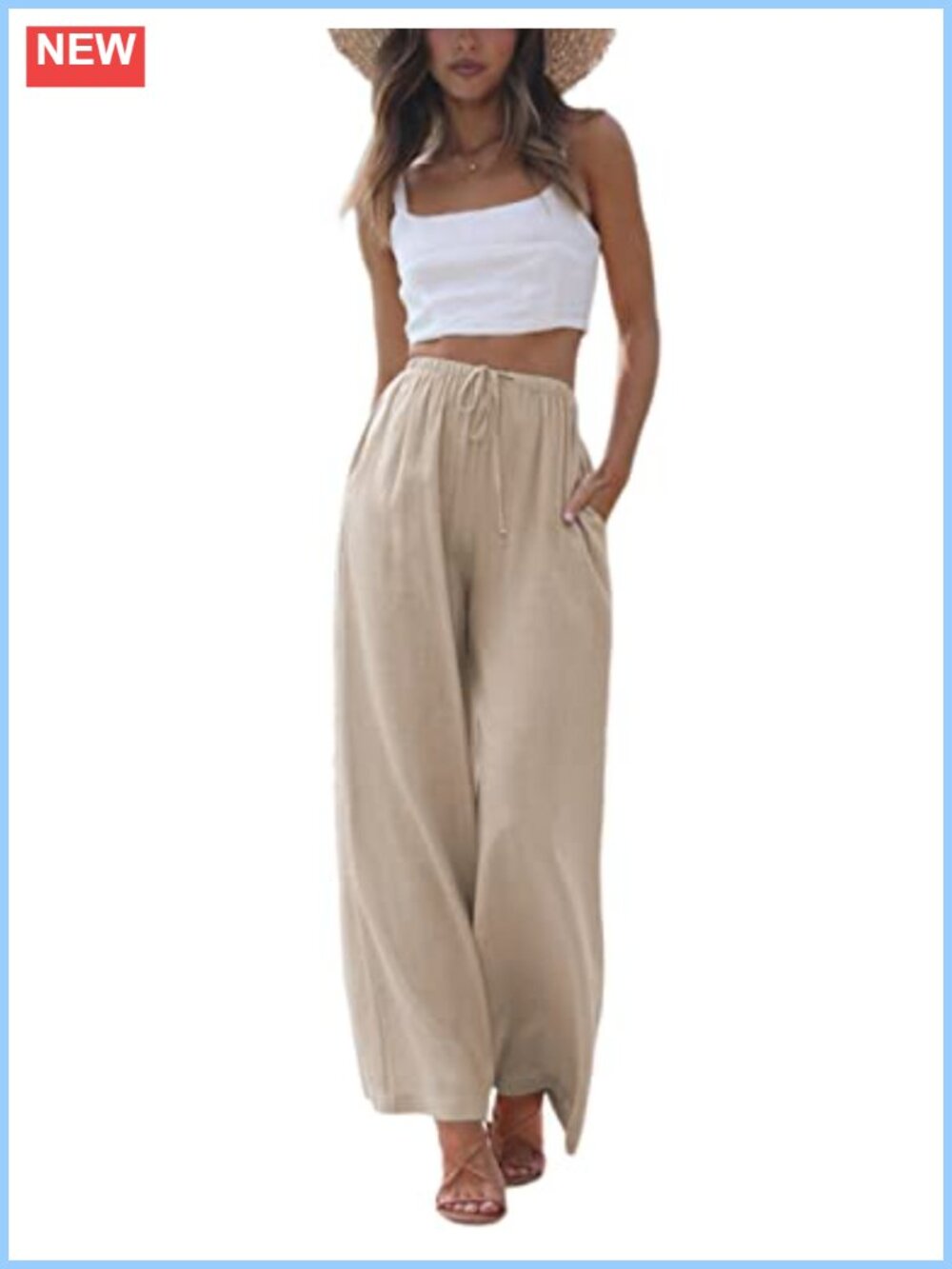 Women's Cotton Linen Wide Leg Palazzo Pants with Pockets Elastic Drawstring